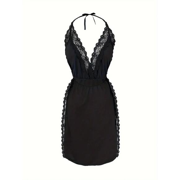 WSL Other - Elegant Women's Black Lace Slit Dress - Deep V-Neck with Lace Trim Size - M